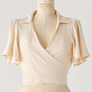 Adored Vintage feminine cream linen short sleeve wrap top with collar - Size L